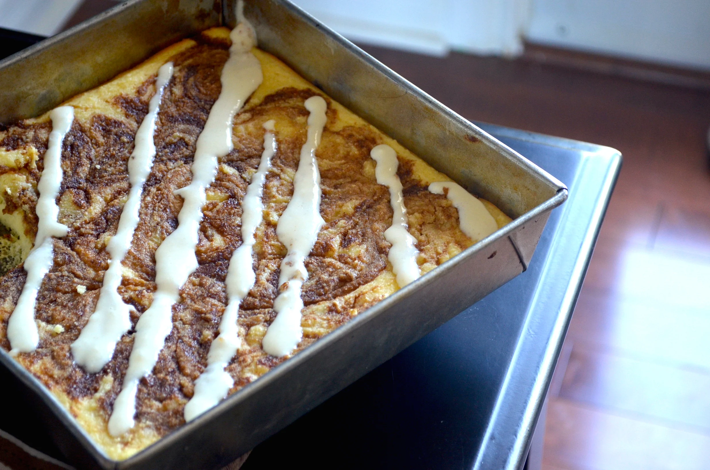 LOW CARB CINNAMON ROLL CAKE with frosting