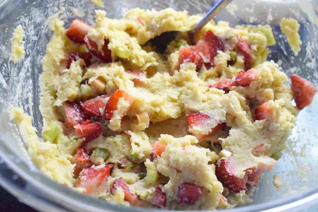 keto strawberry rhubarb muffin batter