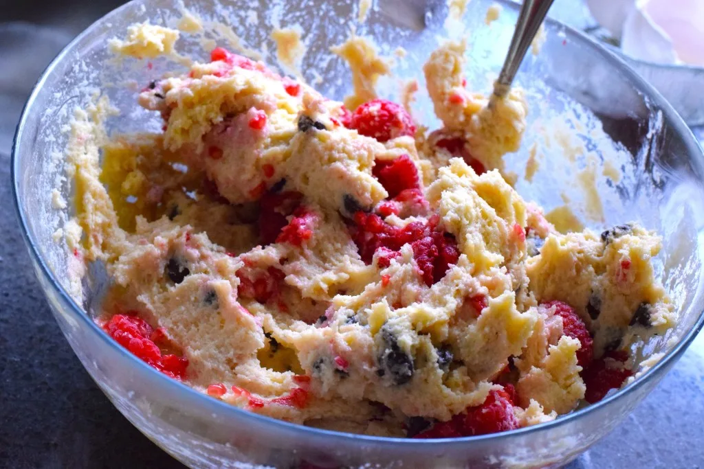 keto raspberry dark chocolate muffin batter