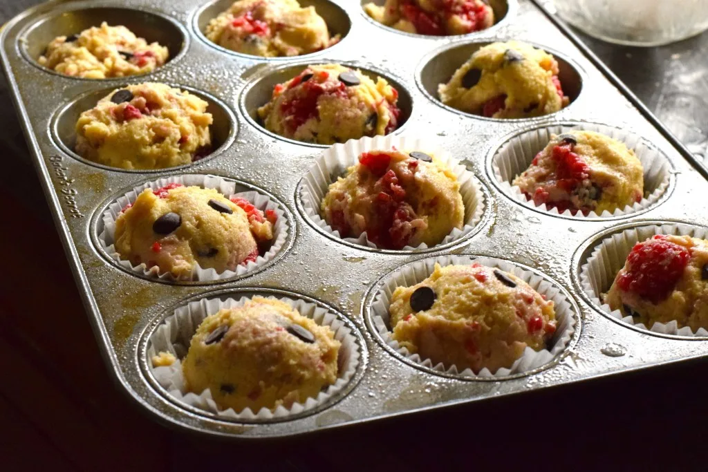 keto chocolate raspberry muffins in tins