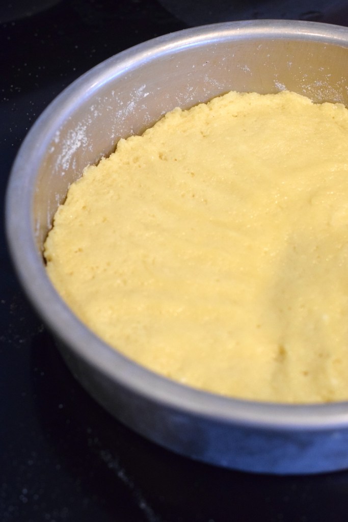 almond flour cake batter in pan