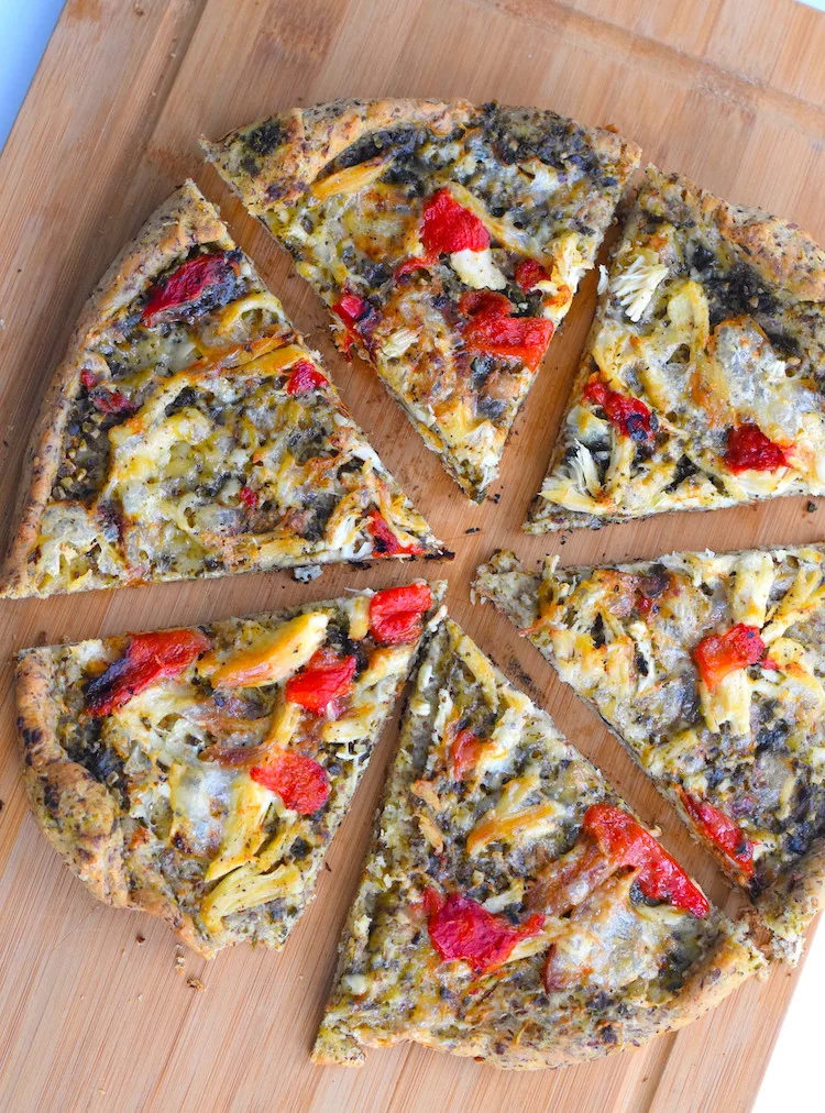 keto brie roasted red pepper chicken pesto pizza
